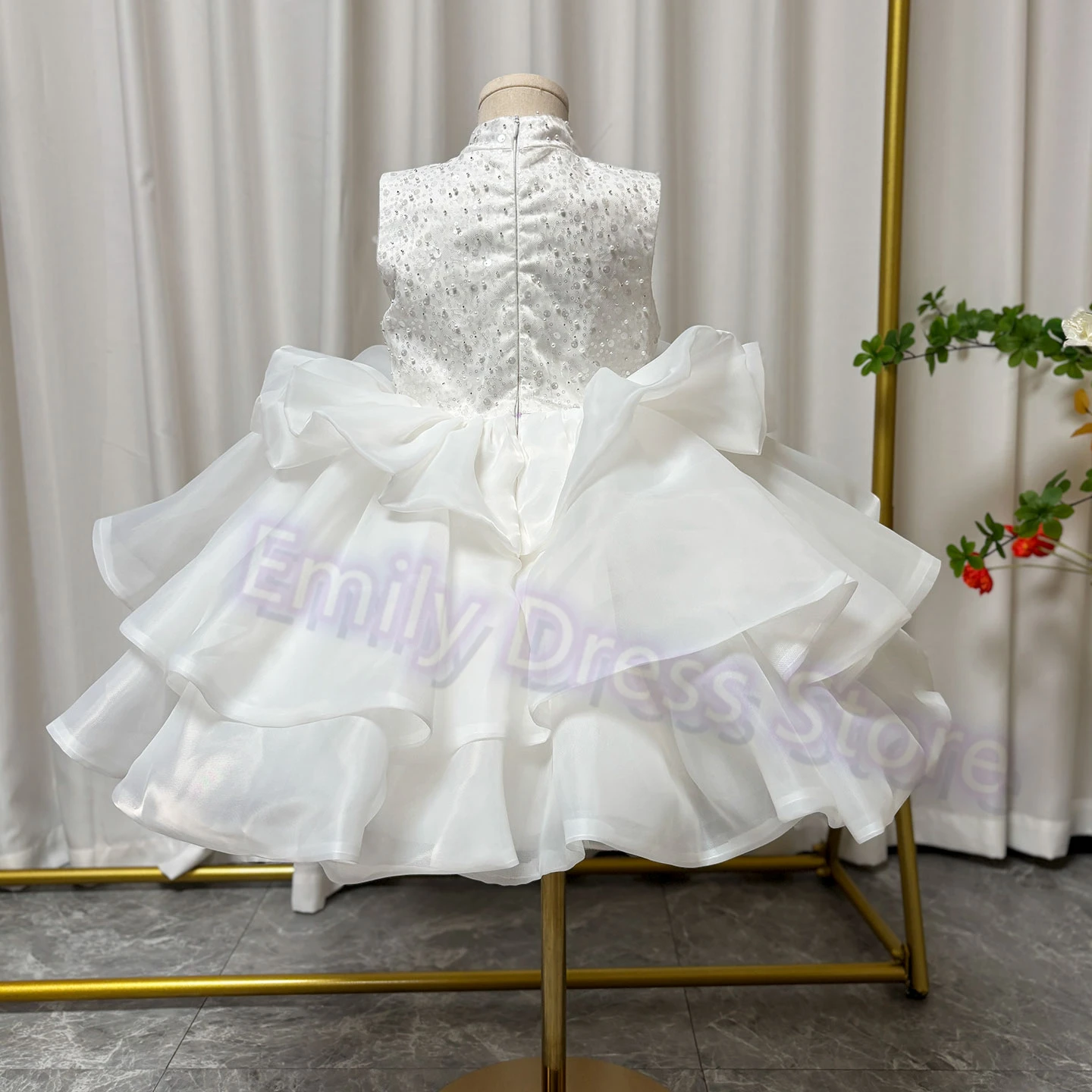 Customized Flower Girl Dress For Wedding Baby Layered Shining Tulle Sequins Knee Length Kids Birthday Party Infant Gown