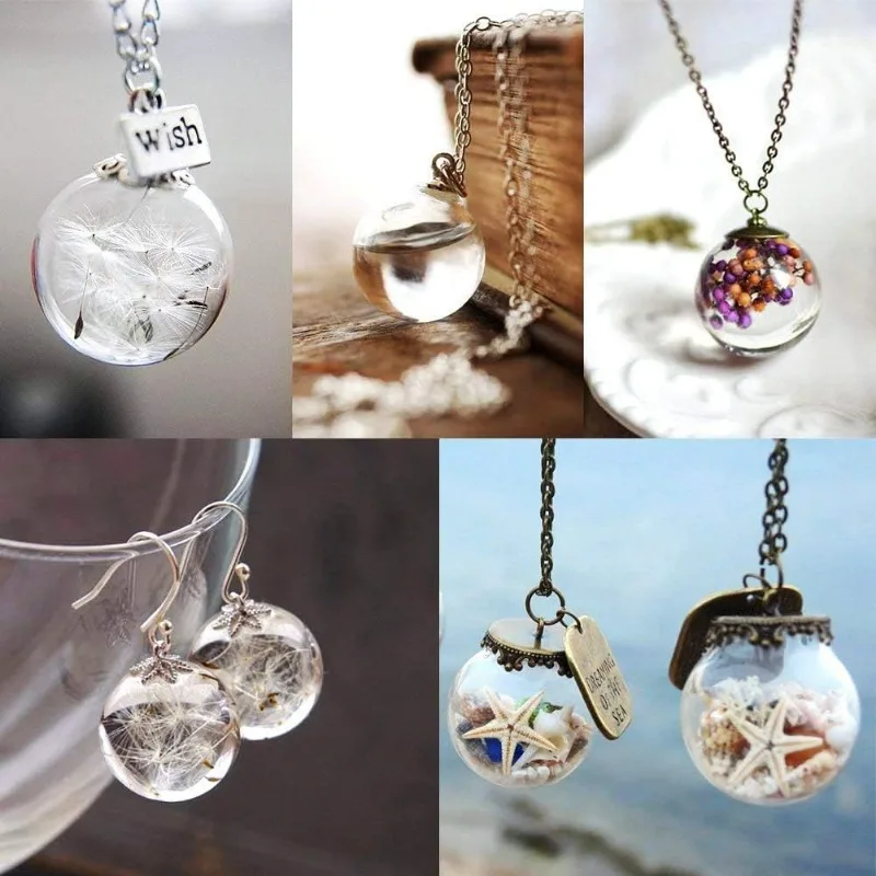 30 Pcs 14mm Mini Empty Clear Glass Globe Bottle Wish Ball Bottles DIY Pendant Charms with 30 Pcs 8mm Cap Bails