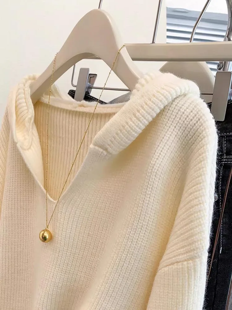 Herfst Winter Nieuwe Lange Mouw Trui Damesmode Effen Kleur V-hals Truien Met Capuchon Luie Stijl Casual Gebreide Tops