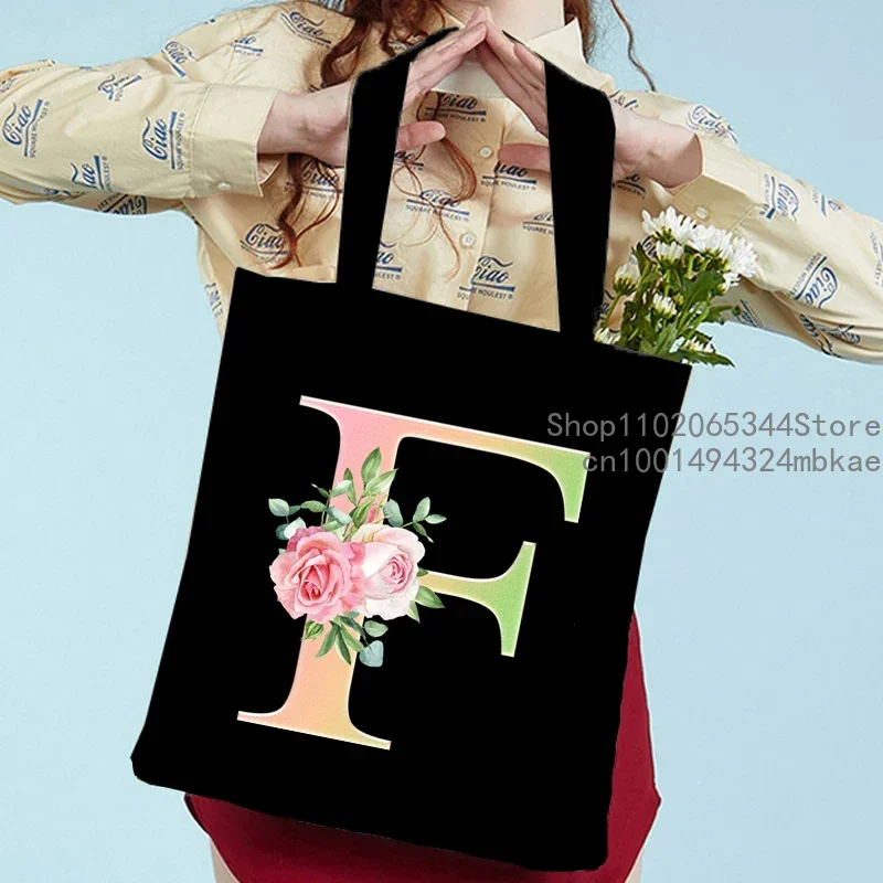 Pink Green Letter Handbag Lady Rose Alphabet Shoulder Bag Student Outdoor Beach Canvas Tote Bag Girl Foldable Shopping Bag Black