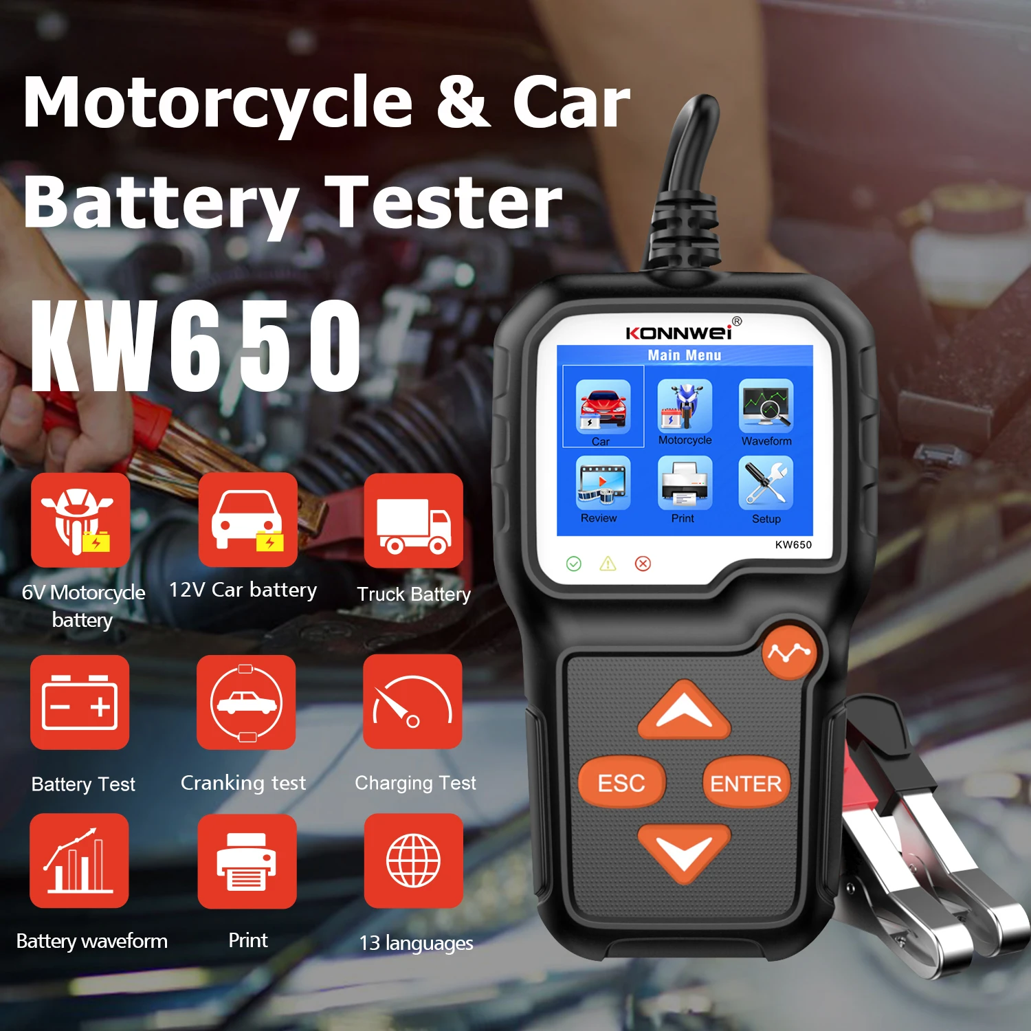 

KONNWEI KW650 Car Motorcycle Battery Tester 6V 12V Auto Battery Analyzer 100 to 2000 CCA Car Moto Cranking Charging Test Tools