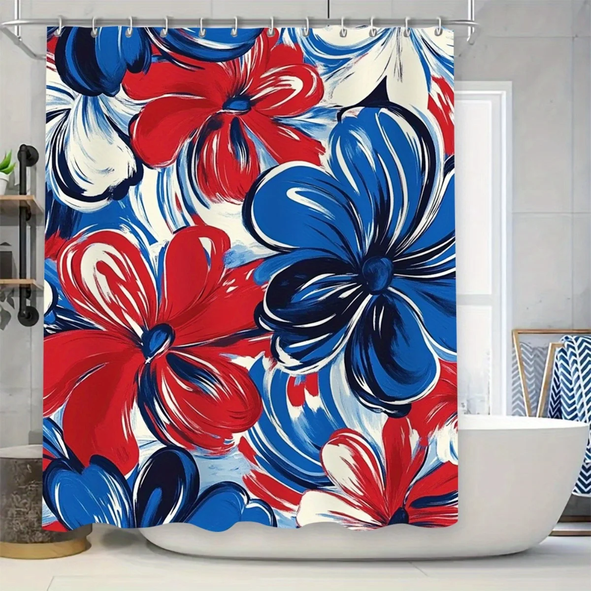 4pcs Patriotic Red White Blue Floral Bathroom Set - High Quality Shower Curtain, Non-Slip Rugs, and Toilet Lid Cover for