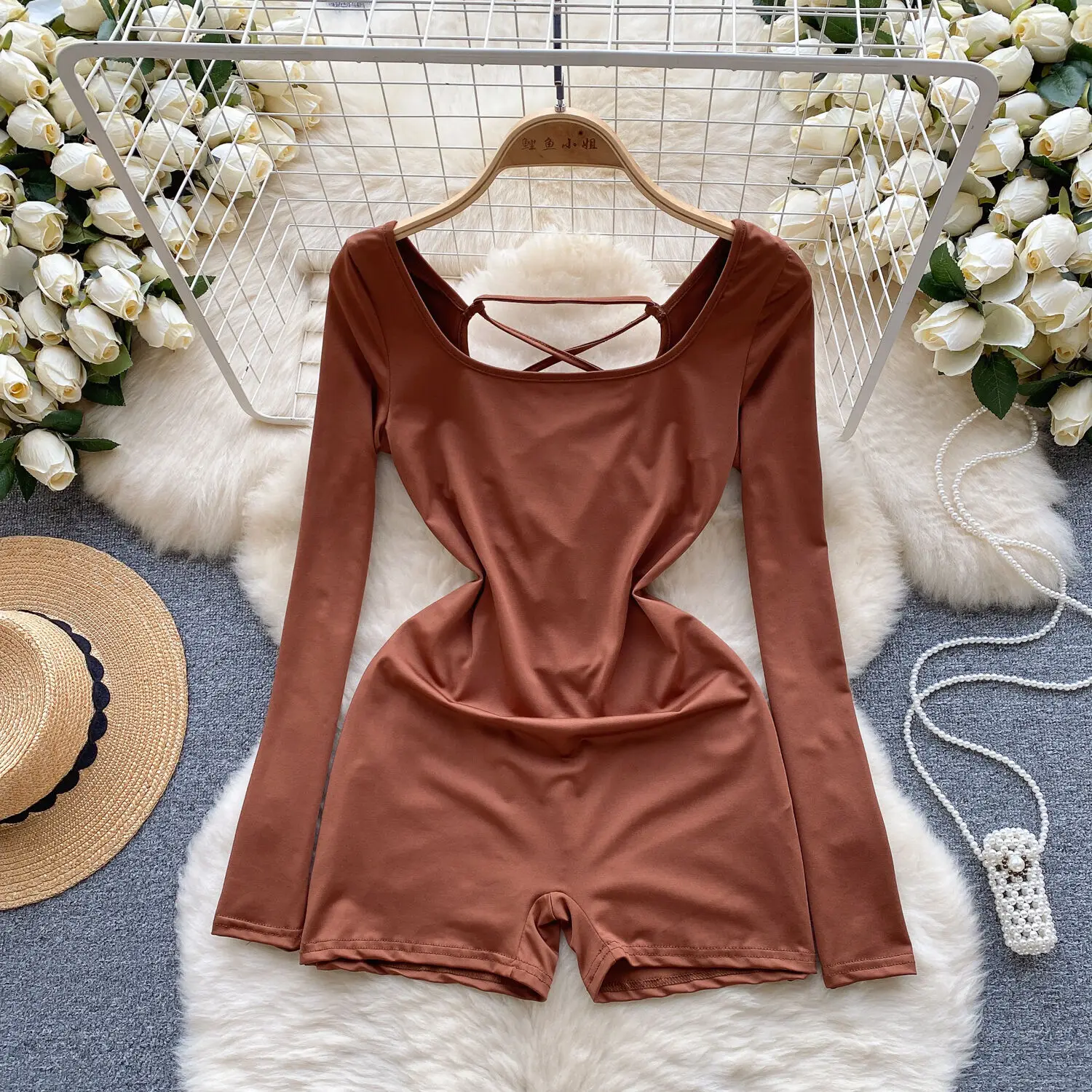 Foamlina Spring Summer Women's Playsuits Solid Square Collar Long Sleeve High Waist Slim Lace Up Hollow Out Back Sexy Playsuits