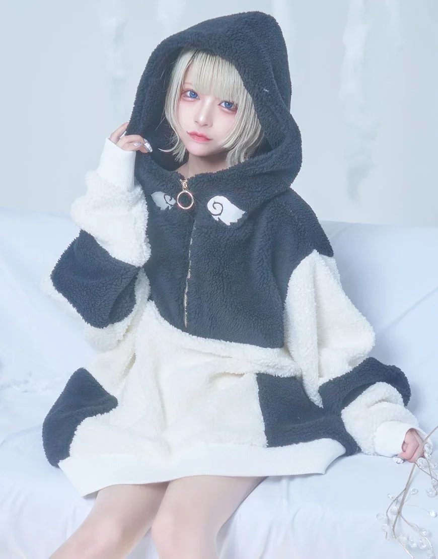 Japanese Cute Women's Furry Hoodie Coat Harajuku Mine Water Color System Angel Wings Plush Lambswool Hooded Fleece Jacket