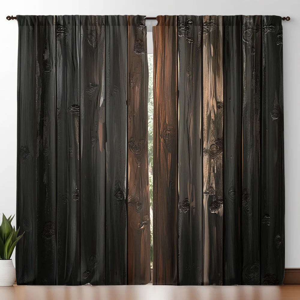 Modern Black Wood Grain Curtains for Living Room Bedroom Home Decor Semi-Sheer Window Drapes