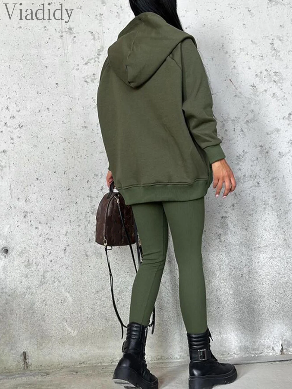 Women Casual Solid Color 3pcs Set Solid Color O-neck Tank Top and Pants With Long Sleeve Hooded Coat