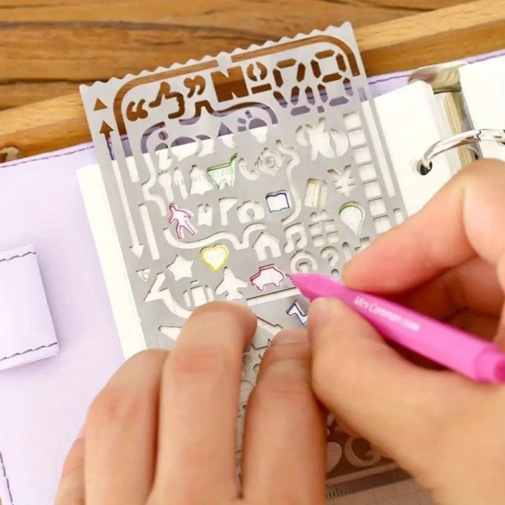 Vintage Stainless Steel Template Ruler Double-Sided DIY Bookmark Ruler Multifunctional Hollow Drawing Ruler Diary Notebook Tool