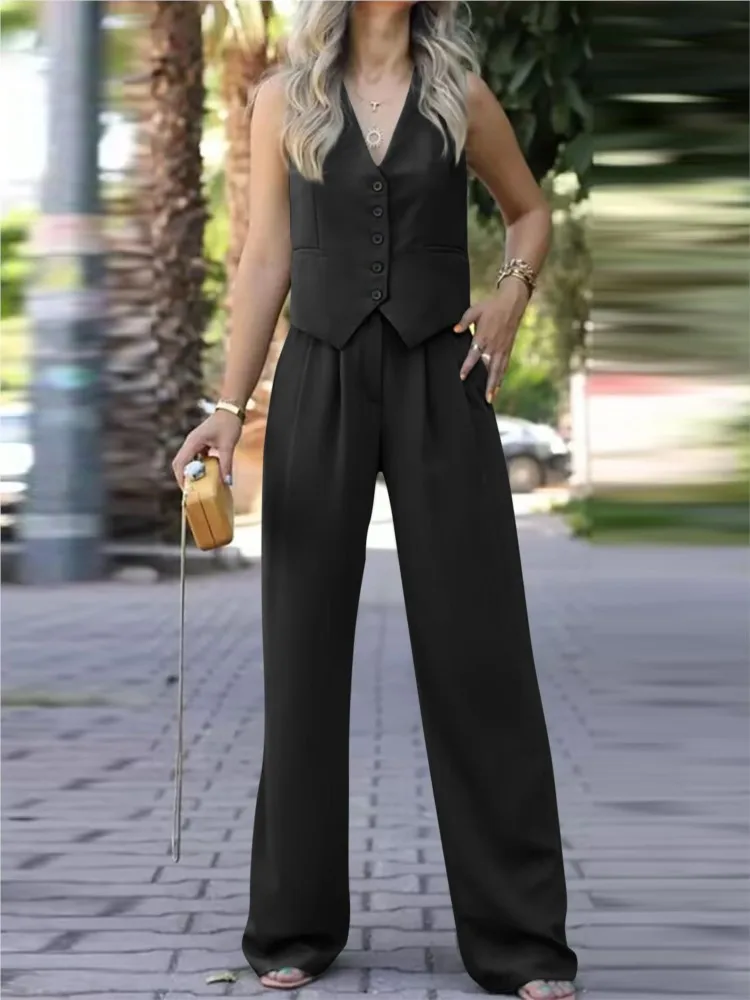 casual sleeveless suit set office lady spring summer elegant slim v-neck blazer tops pants two piece set women outfit 2024