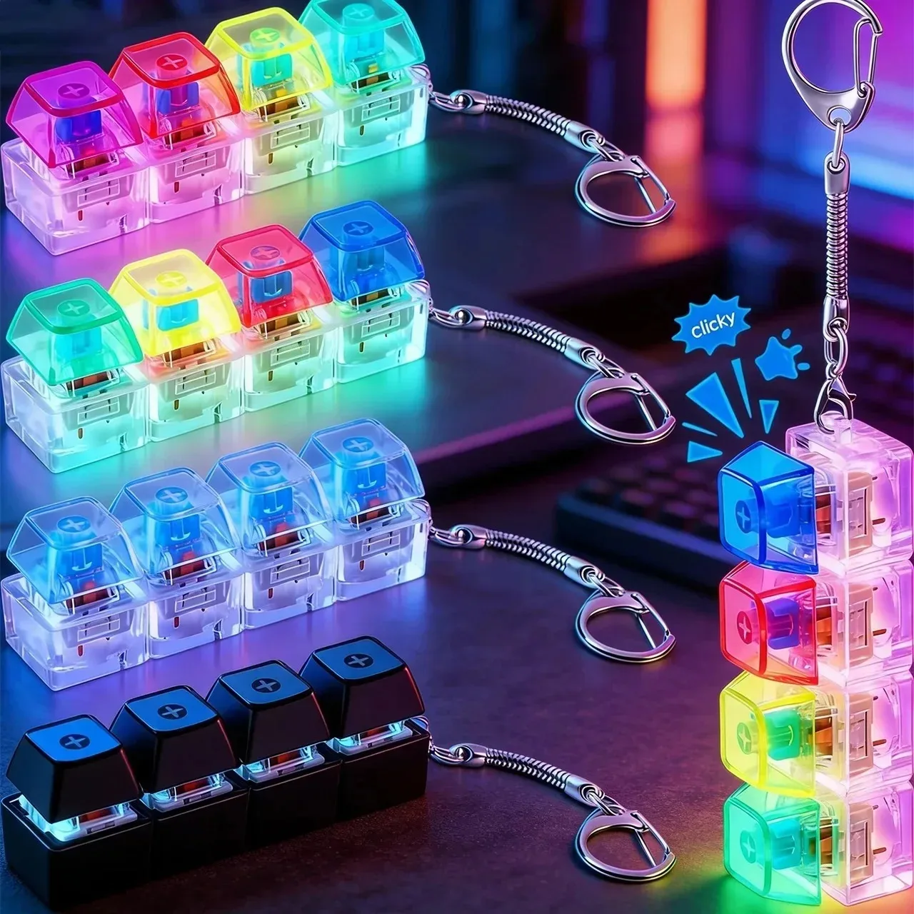 '/LED Keyboard Keychain Fidget Toys Crystal Clicker Sensory Toy for Stress Relief Keyboard Keychain Fidget Gadget for Adults Kid