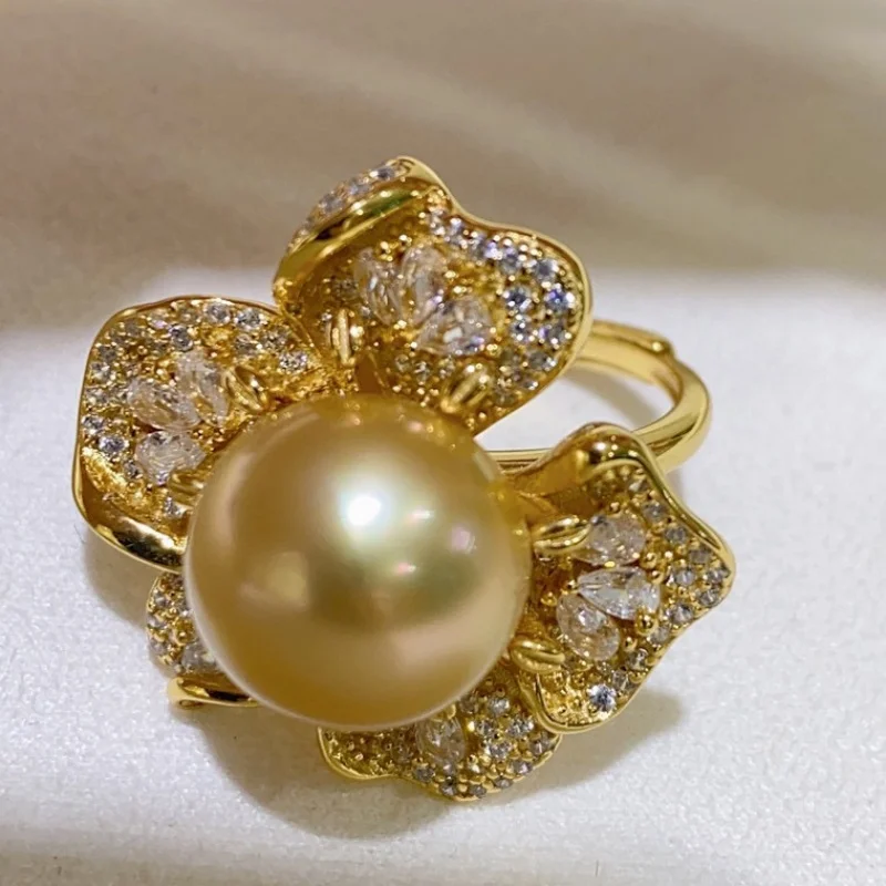 SGARIT غرامة فاخرة جنوب البحر الذهبي اللؤلؤ 2025 11-12 مللي متر 925 الفضة الذهب زهرة خاتم اللؤلؤ لحفلات الزفاف SR08 #3