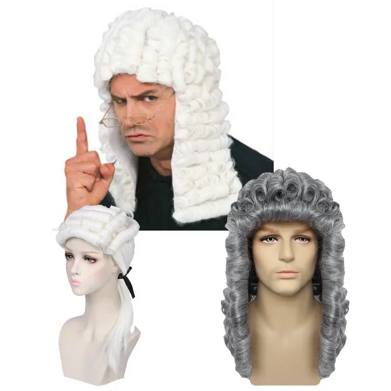 Judge Lawyer Long White\Grey Curly Synthetic Cosplay Wig 2024 Christmas Thanksgiving Day Party Role Playing Headwear