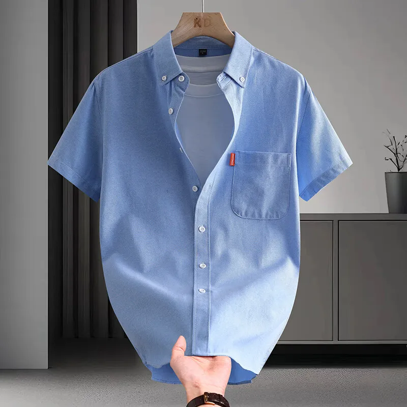 100% Cotton Basic Shirt for Men Short Sleeve Summer Casual Solid Business Oxford Yellow White Regular Fit Social Man Clothing