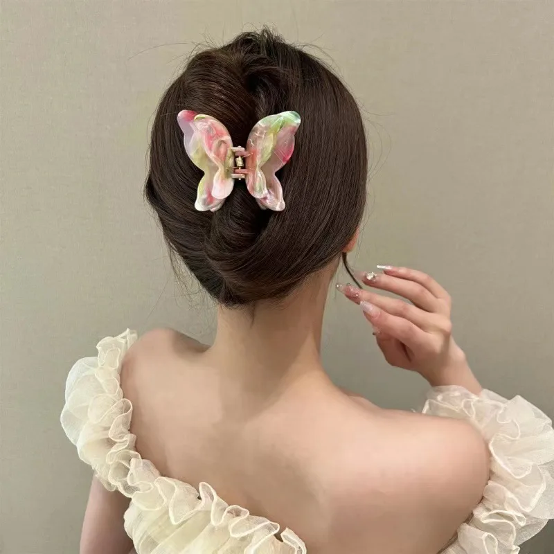 New Marble Texture Double Layered Butterfly Grab Clip Korean Fashion Back Spoon Hair Clip Simple Elegant Girl Hair Accessory