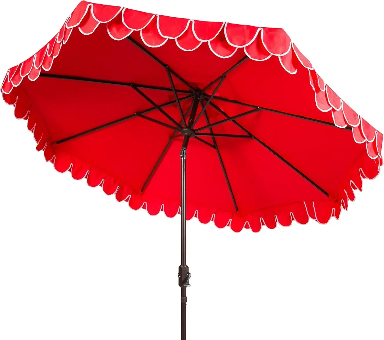 

9ft Outdoor Patio Umbrella, Round, Valance, Red & White Trim, Auto Crank Tilt, UV Resistant for Deck, Backyard, Poolside (PAT800