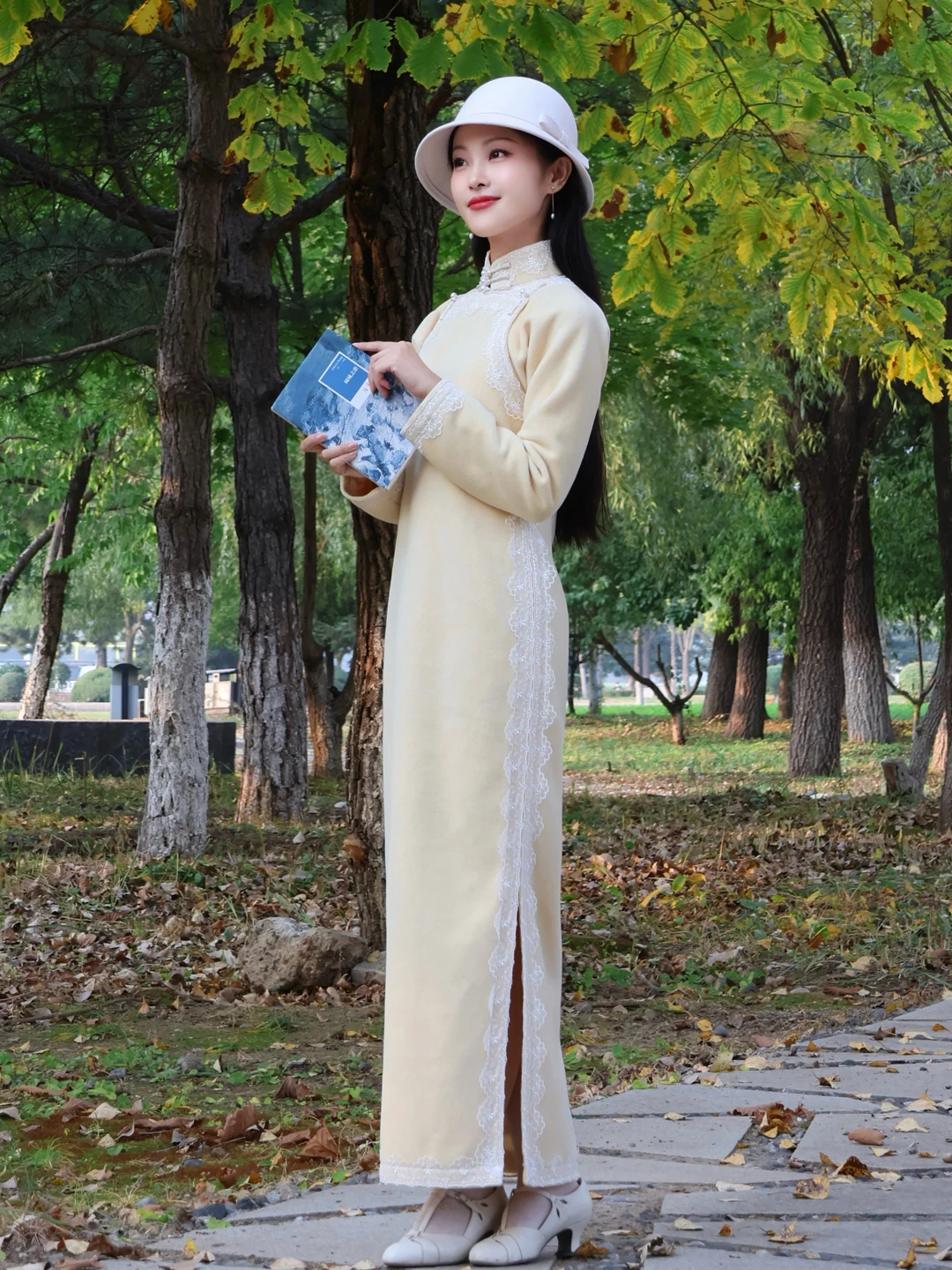 

Теплый осенний кленовый сироп | Традиционное универсальное ретро-платье из шерсти с длинным рукавом и завышенной талией, молочно-желтое