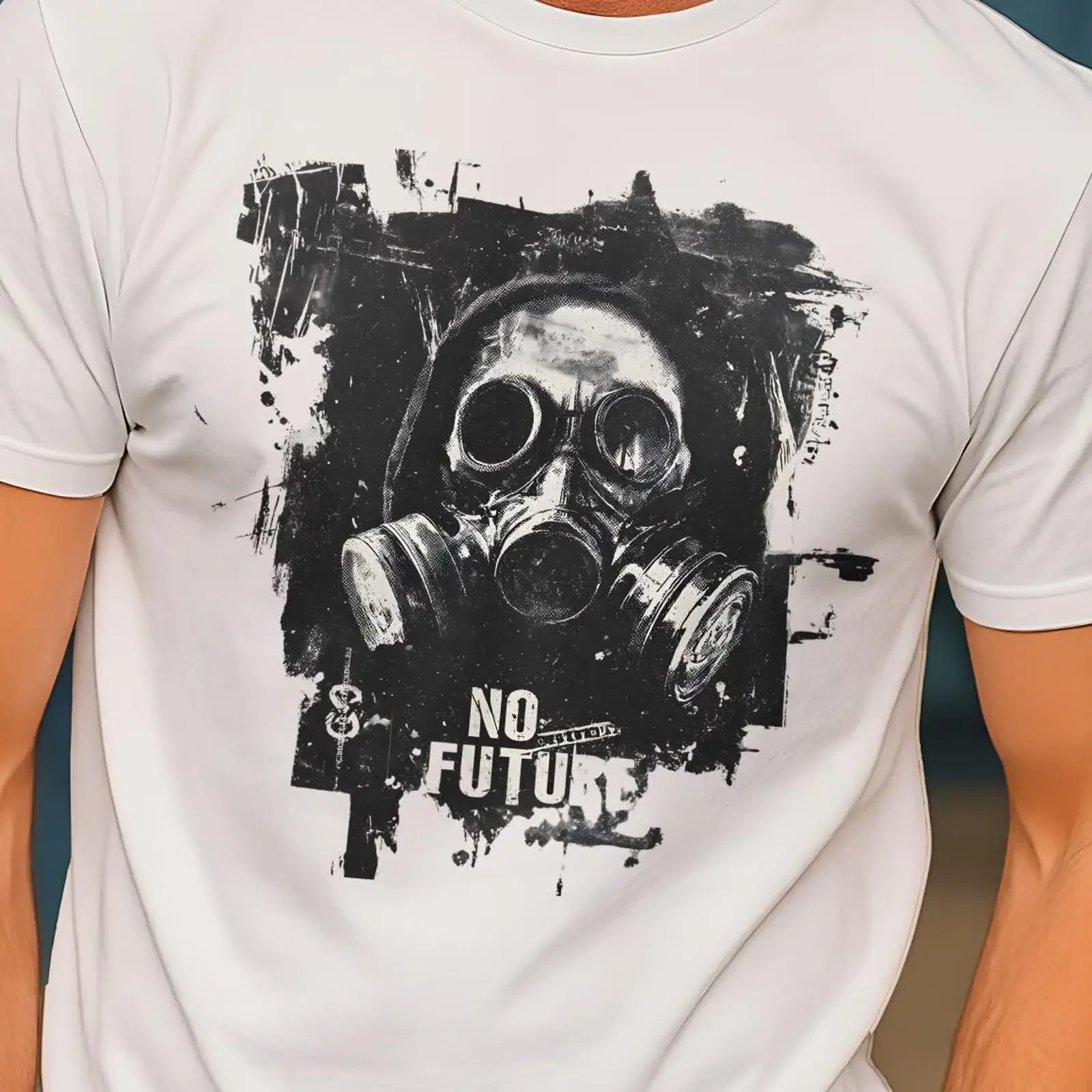 Men's White Crust Punk Gas Mask T Shirt No Future Print Anarchist Oi Dark Grunge Casual  vintage Washed Soft Stretched fashion