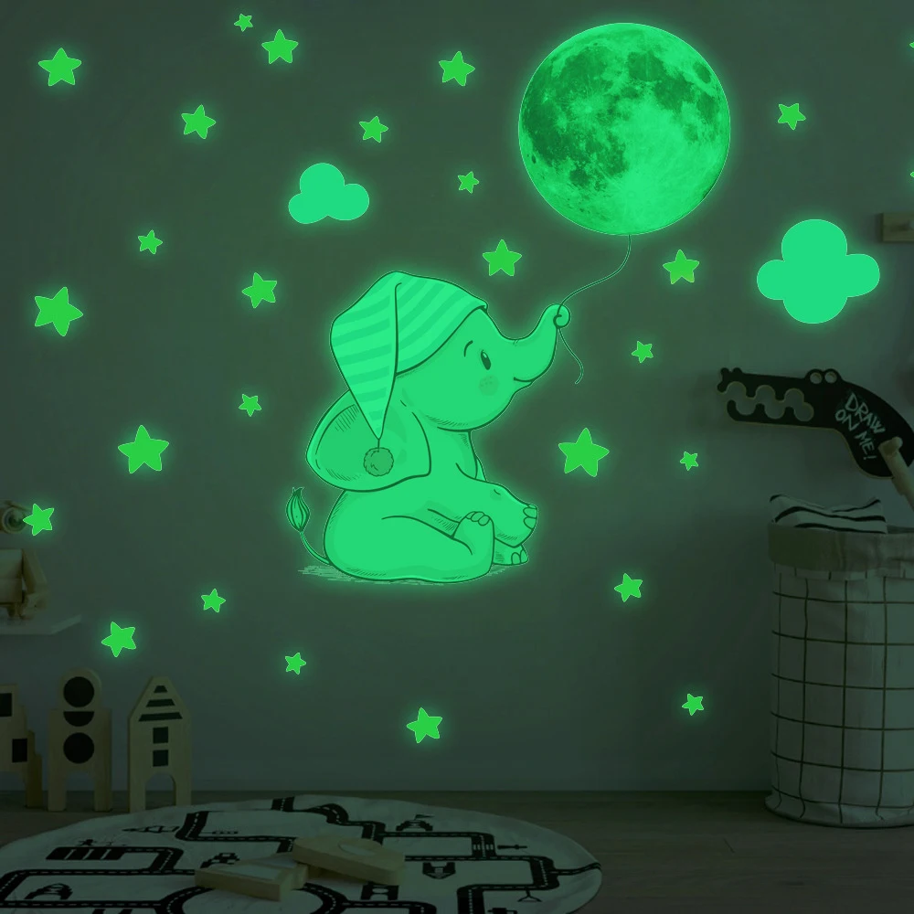 1set Cartoon Elephant Moon Luminous Sticker Glow In The Dark Wall Stickers For Baby Kids Room Bedroom Home Decoration Wall Decal