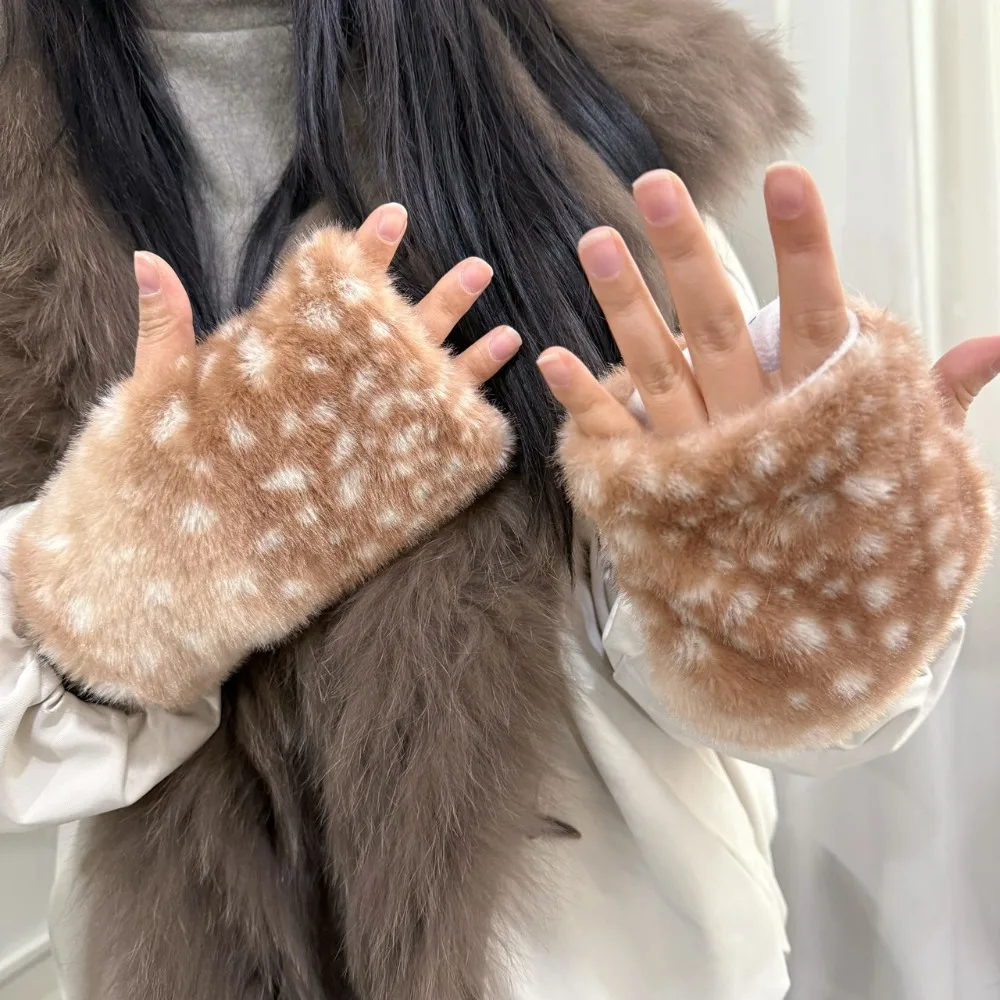 Cute Harajuku Elk Scarf Fleece Winter Warm Fingerless Gloves Reindeer Print Cuffs Christmas Gift