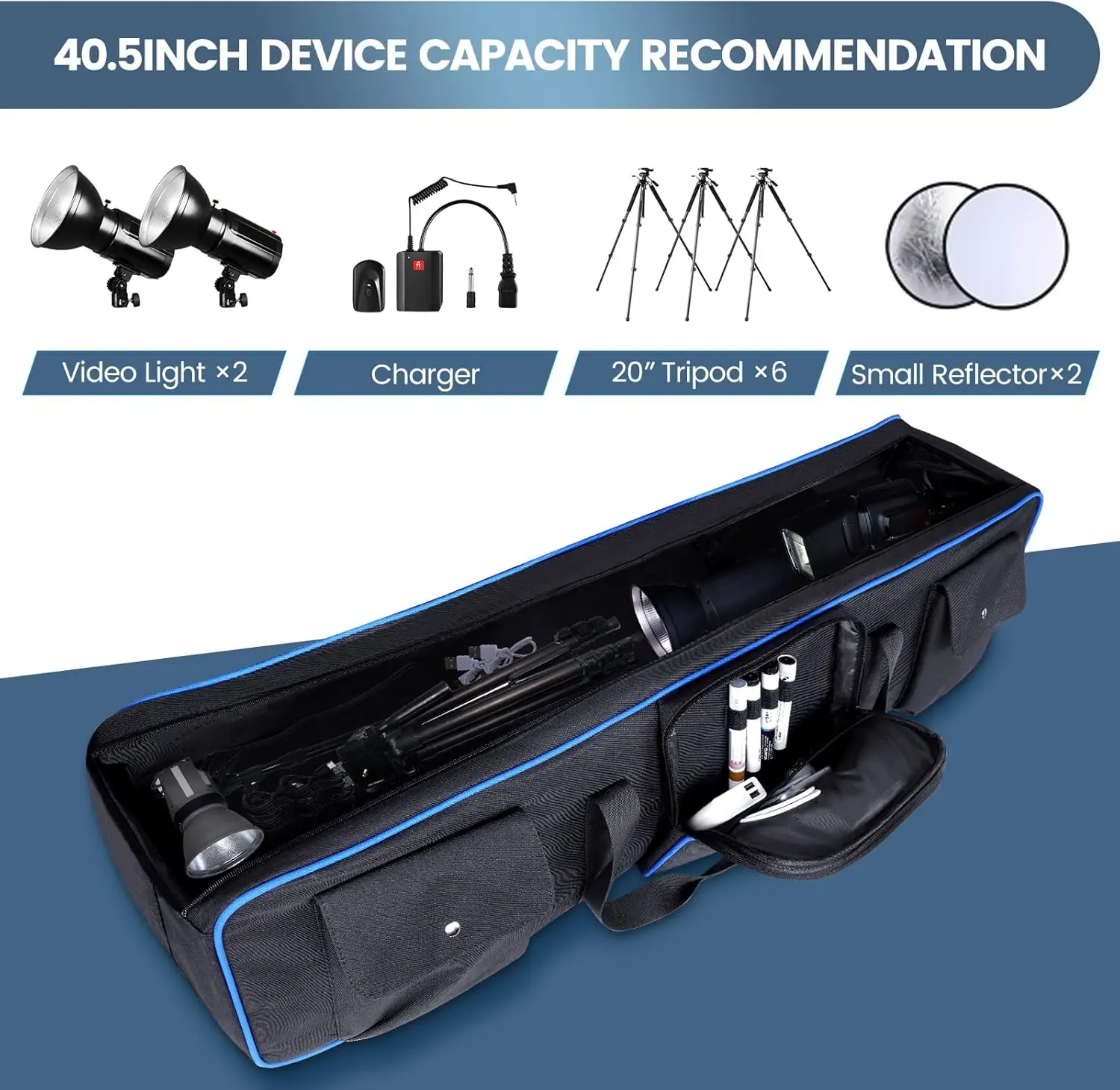 حقيبة حمل ثلاثية القوائم مقاس 40.5 بوصة مع وسادات، وحقيبة مقاومة للماء لحوامل الكاميرا، والمظلات والإكسسوارات