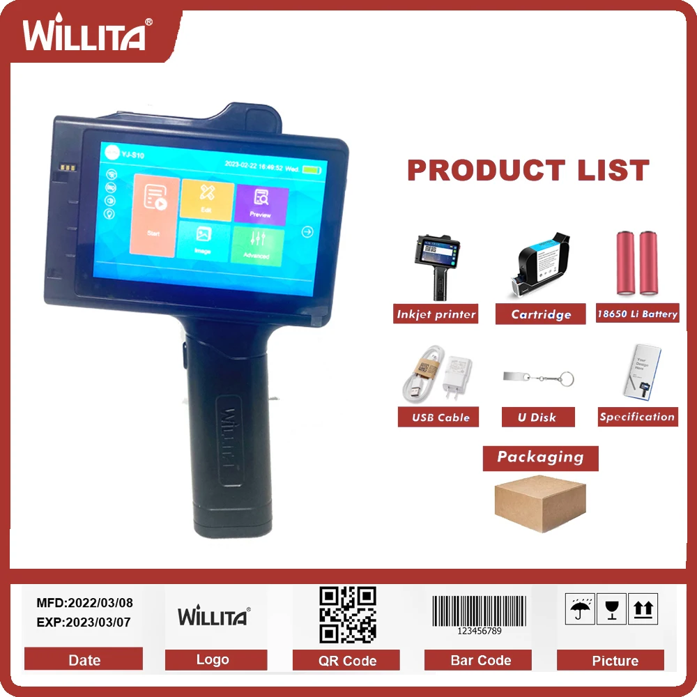 Willita-Imprimante à jet d\'encre à main, déterminer la date d\'expiration de la production, code de lot, numéro de série, code à barres, code QR,