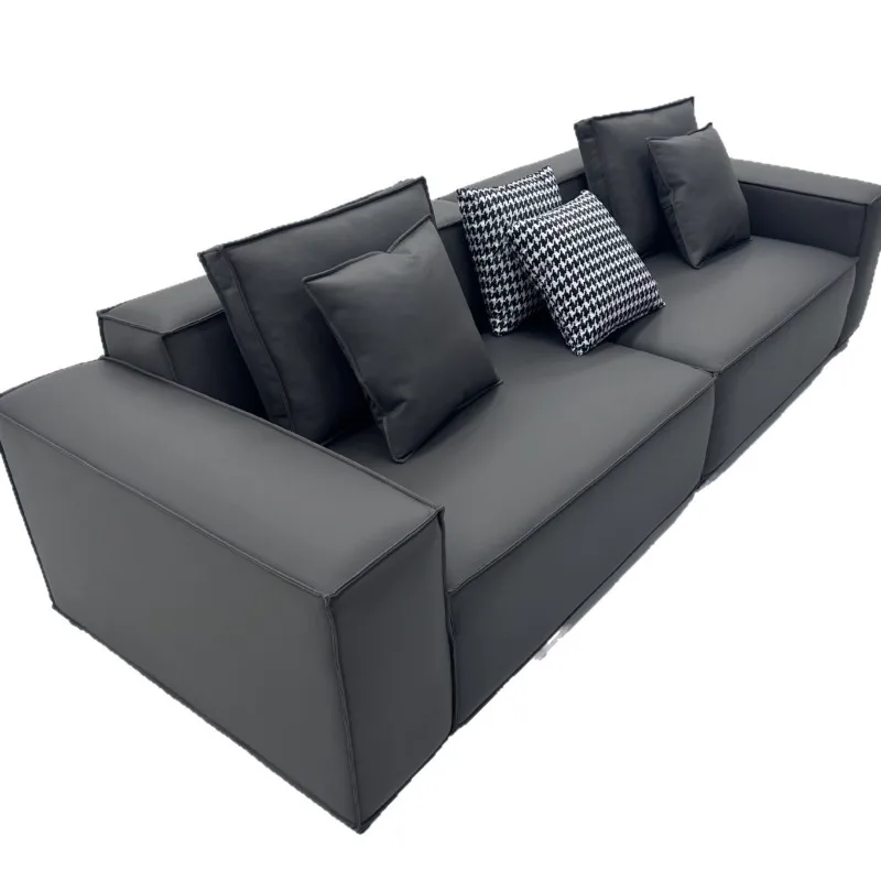 Italian minimalist modern tofu block big black cow sofa, leather matte fabric first layer cowhide sofa