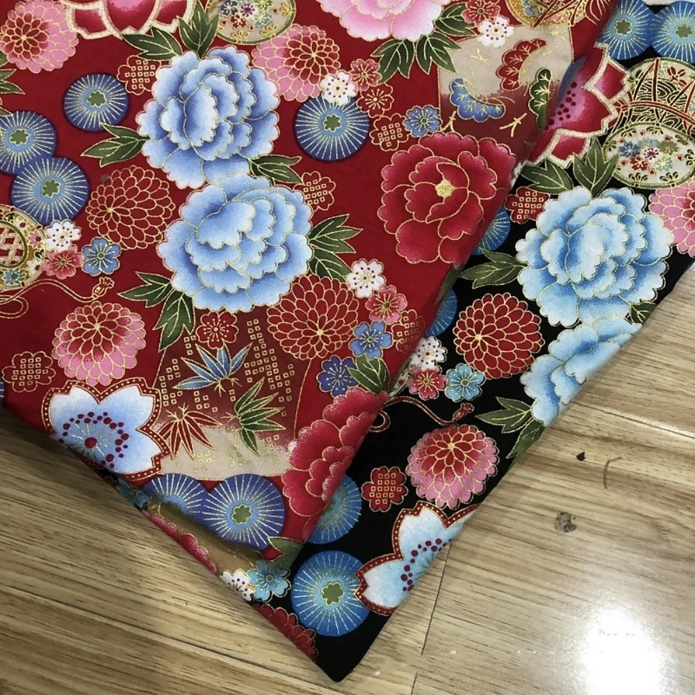 Japanese Cotton Square Scarf Material Furoshiki Style Wrapping Cloth with Gold Foil Print Plain Weave Kimono Fabric For DIY