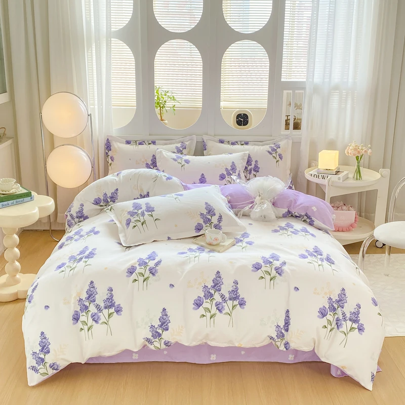 Purple Lavender Duvet Cover Set Spring Flowers Bedding Set Floral Reversible Quilt Cover with 1 Flat Sheet and 1/2 Pillowcases