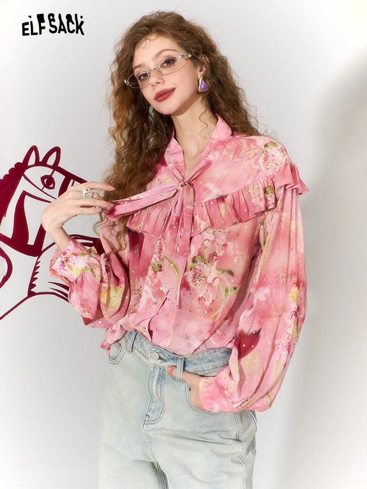 

Женский шифоновый топ с принтом для ранней весны, розовый, с золотым узором, повседневный, свободного кроя, с длинными рукавами, на пуговицах, кардиган