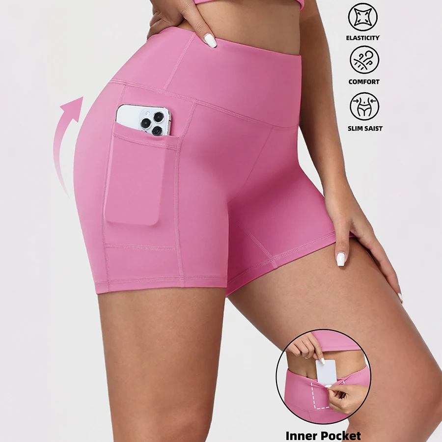 Women Yoga Shorts with Pockets Inner Waist Pocket Tummy Control Butt Lifting Workout Tights Gym Elastic Biker Shorts Activewear