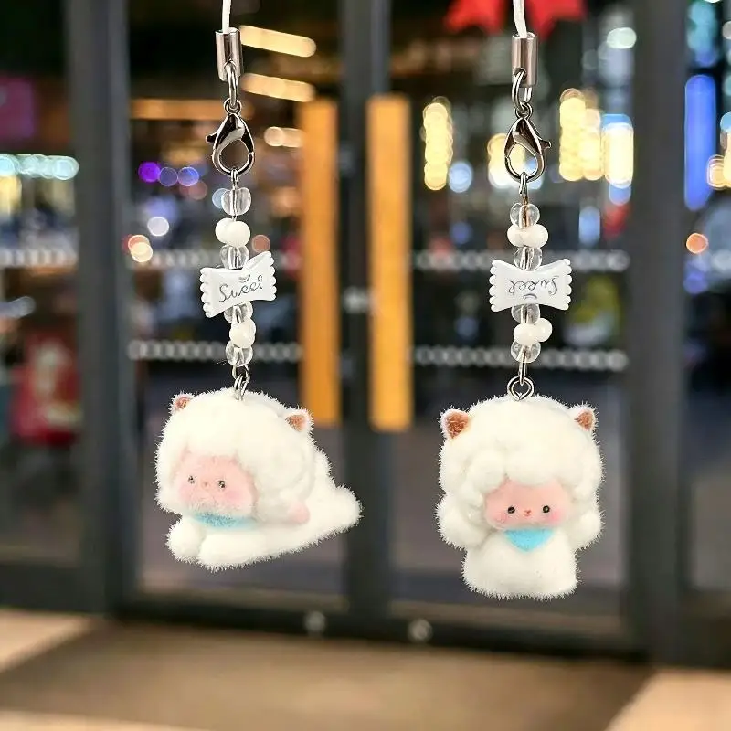 New Cute Flocking Sheep Keychain For Women Mini Lamb Doll Pendant DIY Handmade Bag Charms Phone Strap Car Keychain Accessories