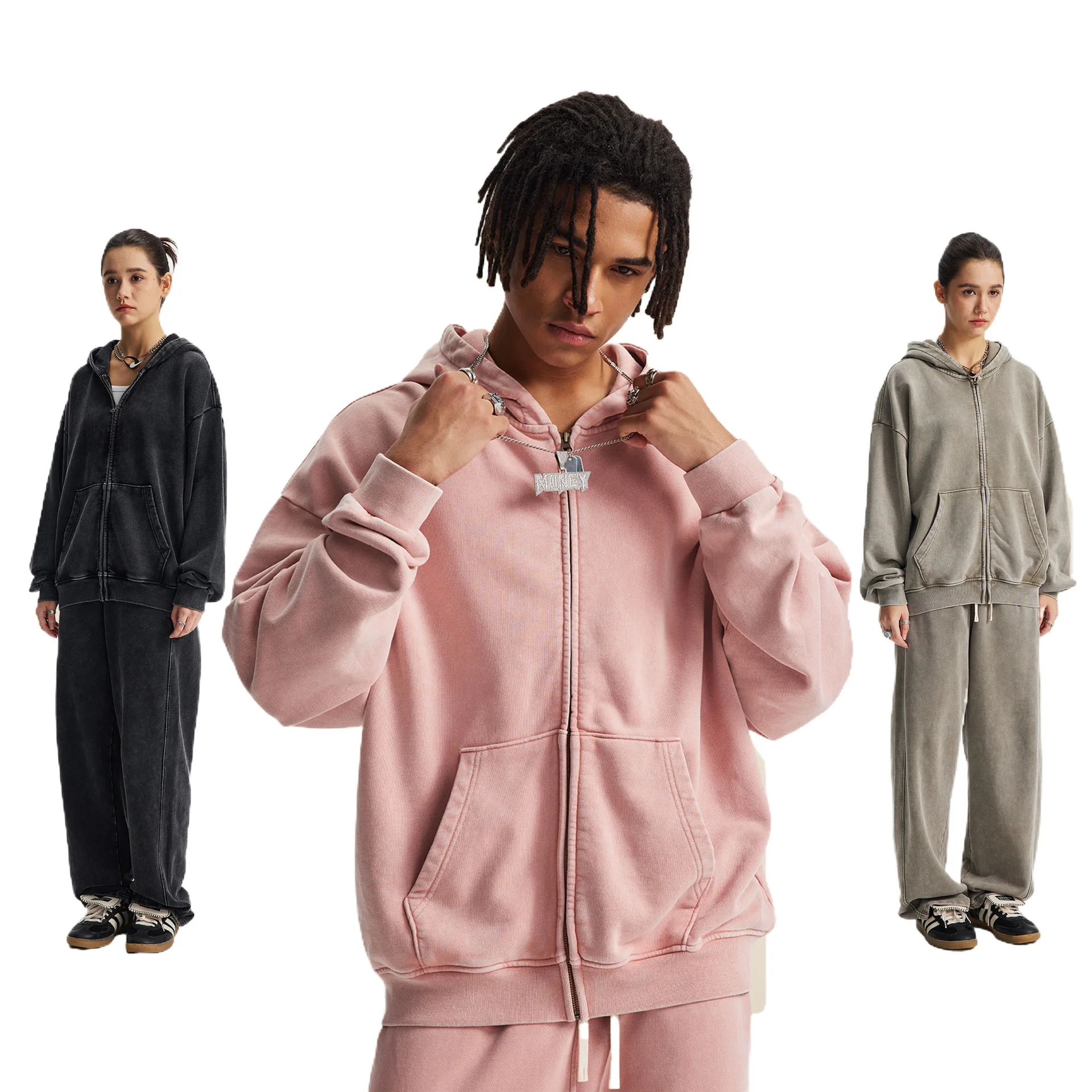 Pers LOGO custom women's 430G YKK zipper 100% cotton retro washing water hooded men's and women's sweater pants two-piece set