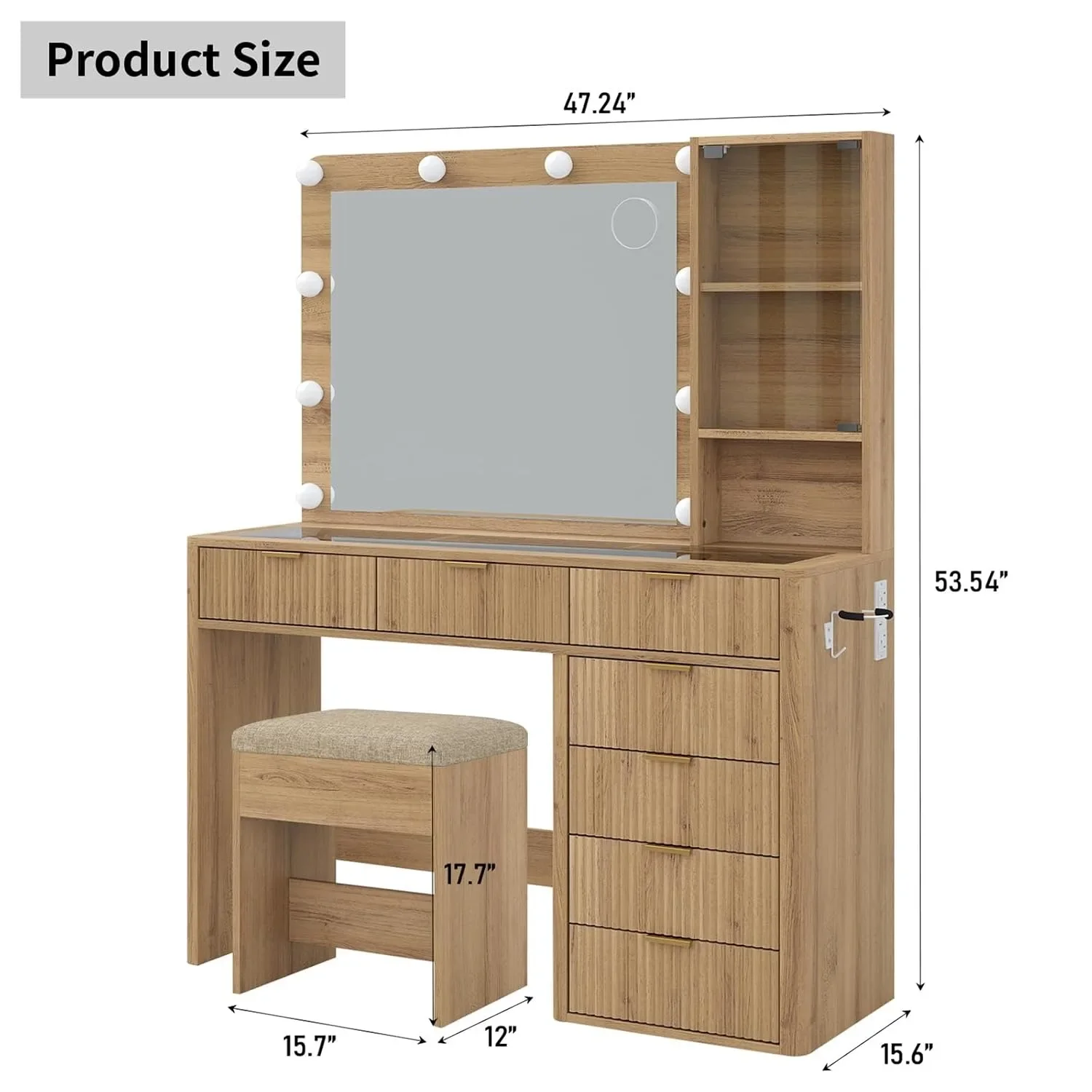 47In Fluted Vanity Desk With LED Lighted Mirror Glass Top 7 Drawers Cabinet & Stool, Custom