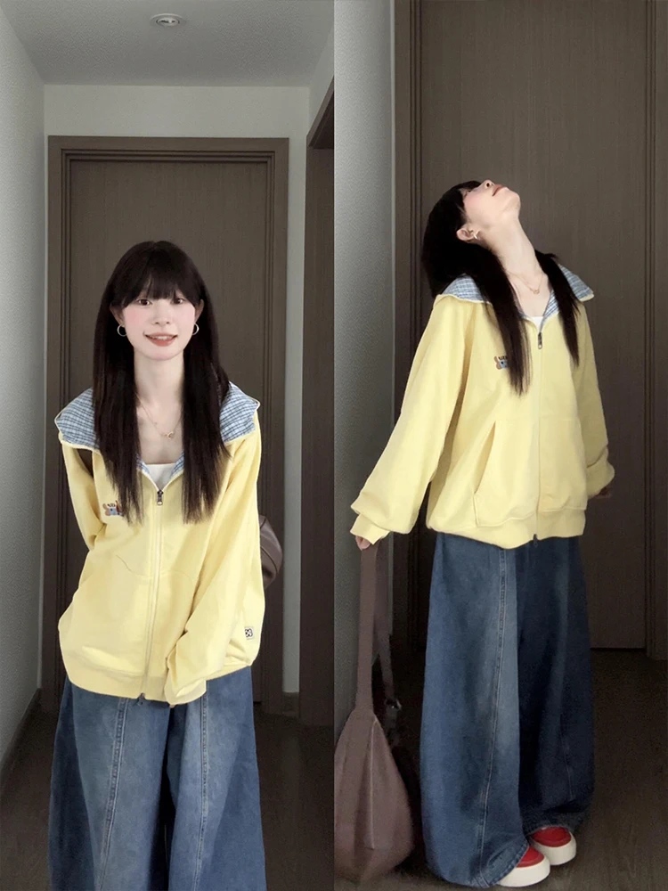 

Корейский желтый клетчатый свитшот с вышивкой, женский весенне-осенний свободный открытый кардиган, верхняя одежда, шикарный ленивый сле