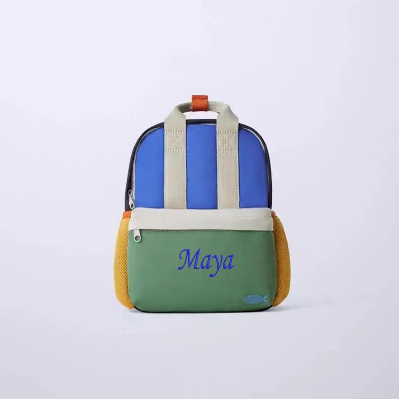 Customized Name New Product Children's Backpack Color blocked Handbag Personalized Embroidery Kindergarten Small Bag School Gift