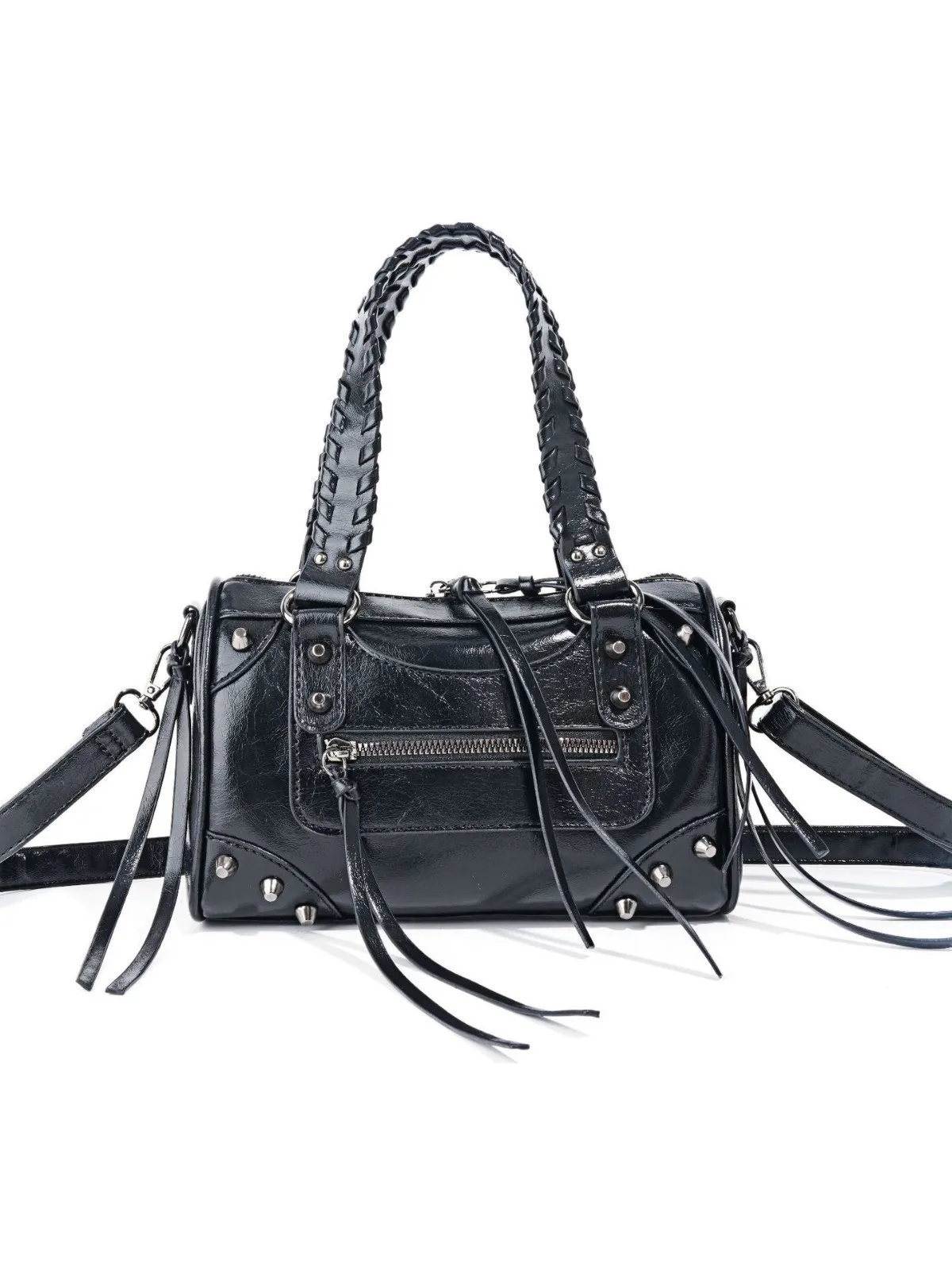 

Y2K Retro Motorcycle Style Studded Bowling Bag for Women, Retro Black Woven Handbag/Shoulder Bag/Crossbody Boston Bag