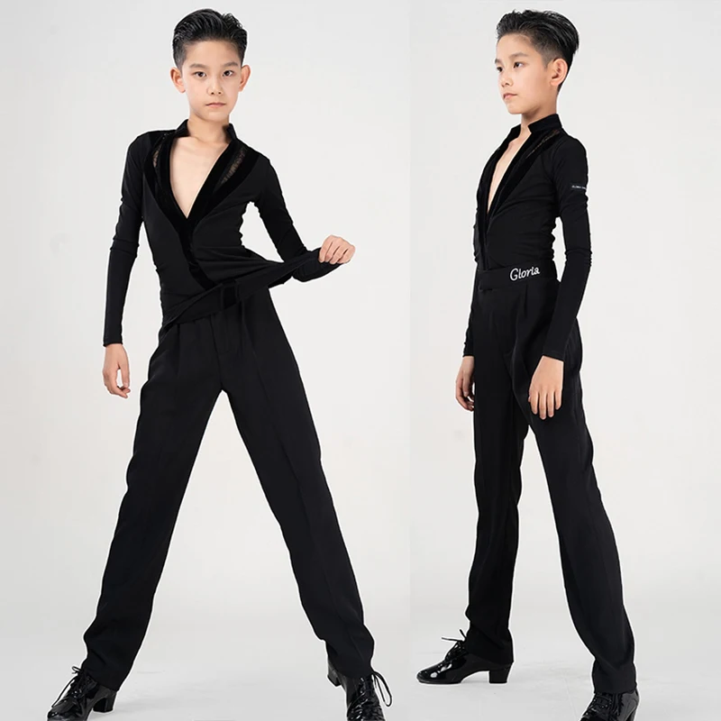 Black Laitn Dance Tops for Boys Long Sleeve Latin Training Clothes V-Neck Stand Collar Cha Cha Rumba Clothes Kid Dancewear 2716