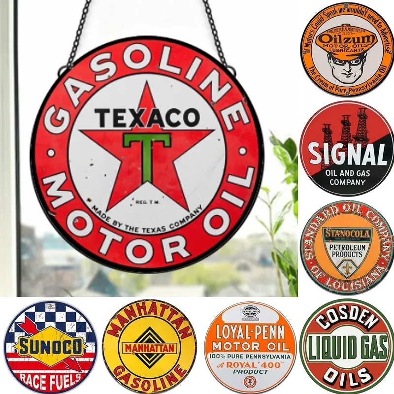 Vintage Gas Standard Round Acrylic Brand Pendant Window Wall Hanging Motor Oil Sign Reproduction for Garage Station Decoration