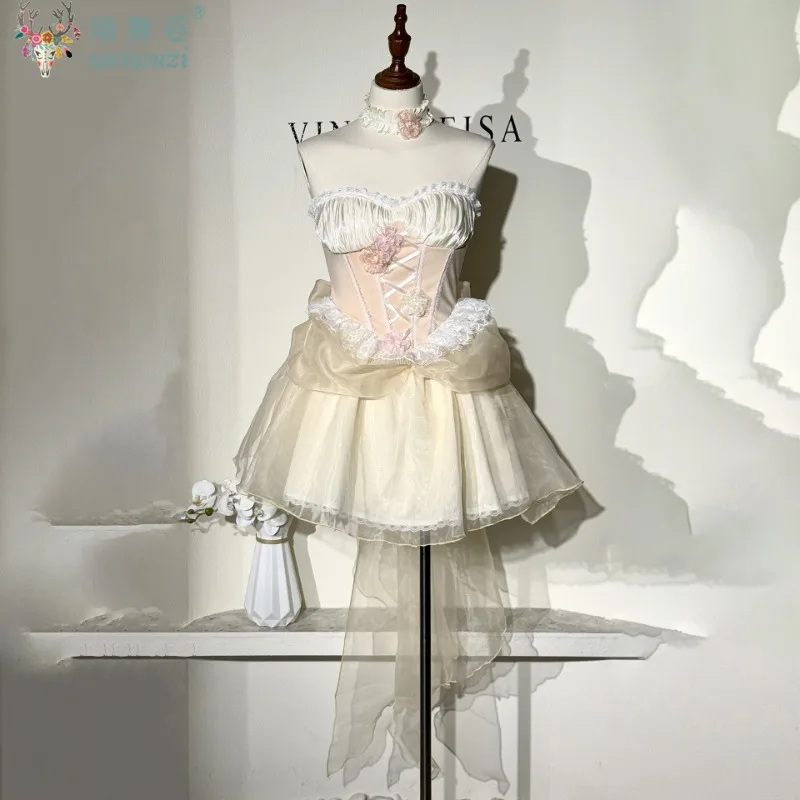 

Fairy Princess Pink Short Tube Top Dress With Bow Wings Cosplay Outfit Stage Performance Dance Costume Strapless Puffy Dress