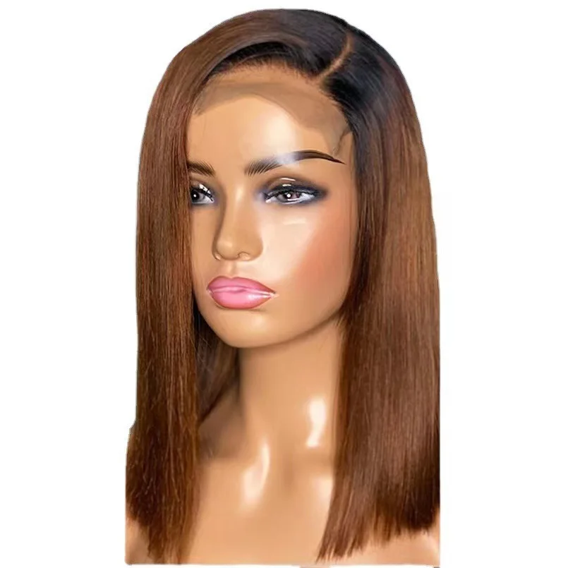Front Lace, Breathable Hood, Women's Full Wig, Medium Short Straight Hair, Black Brown Gradually Changing Color