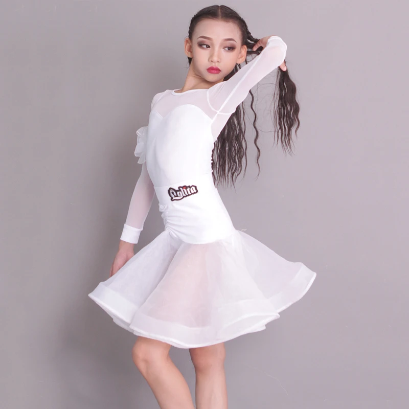 

Ballroom Dance Competition Dresses White Long Sleeves Latin Dance Dress Girls National Standard Ballroom Dance Clothes SL7799