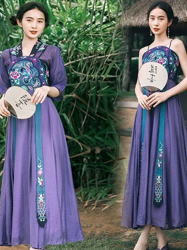 2pc Set Women Retro Purple Fairy Dress Chinese Style Traditional Hanfu Cosplay Costume Party Dress Cute Princess Dress