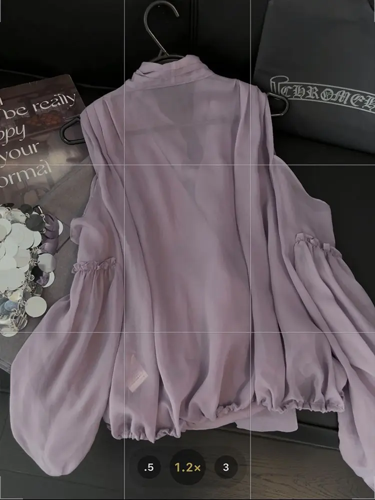 French Lace Up Butterfly Condensation Shoulder Shirt with Long Sleeves Feminine Temperament Socialite Versatile Chiffon Top