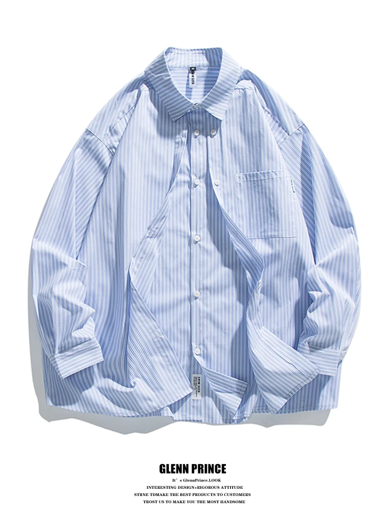 

Spring Autumn Blue White Stripes Men's Long Sve irt Loose Fit y Design GPstudio Japanese Sle Fake Two-Piece