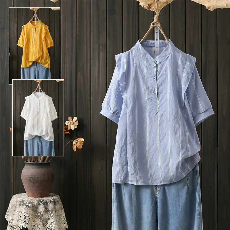

Cotton 100% Striped Women Shirts Summer Vintage Straight Oversized Loose Ruffles Sleeved Female Outwear Tops