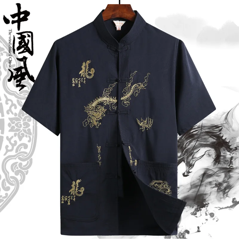 Chinese Traditional Dress Spring Summer Cotton Line Shirt Men Clothing Plus Size Casual Thin Tops Tang Suit Vintage Top