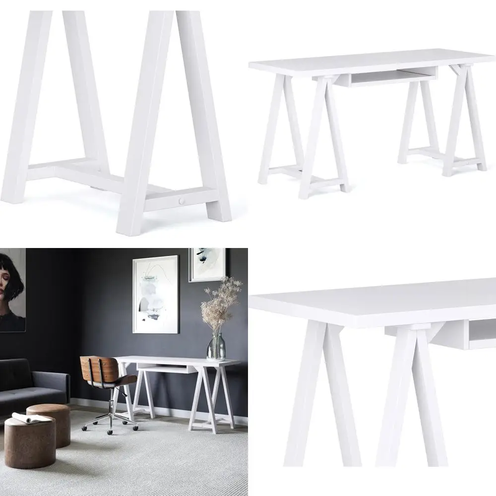 

60 Inch Wide Solid Wood Writing Desk, White Industrial Style, with Sturdy Sawhorse Base and Integrated Keyboard Tray