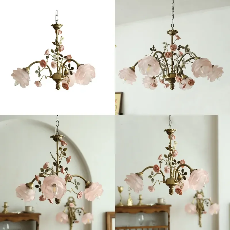 Vintage Brass Chandelier with Rose Motif French Style Pendant Light for Living Room Bedroom Dining Area Retro Luxury Decor