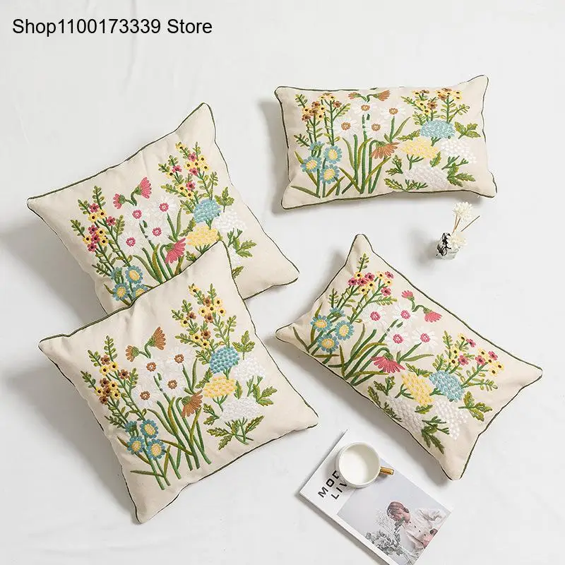[Only Pillowcase] American Countryside Style Cotton and Linen Pillowcase Embroidered Pillowcase Cover Without Pillow Core
