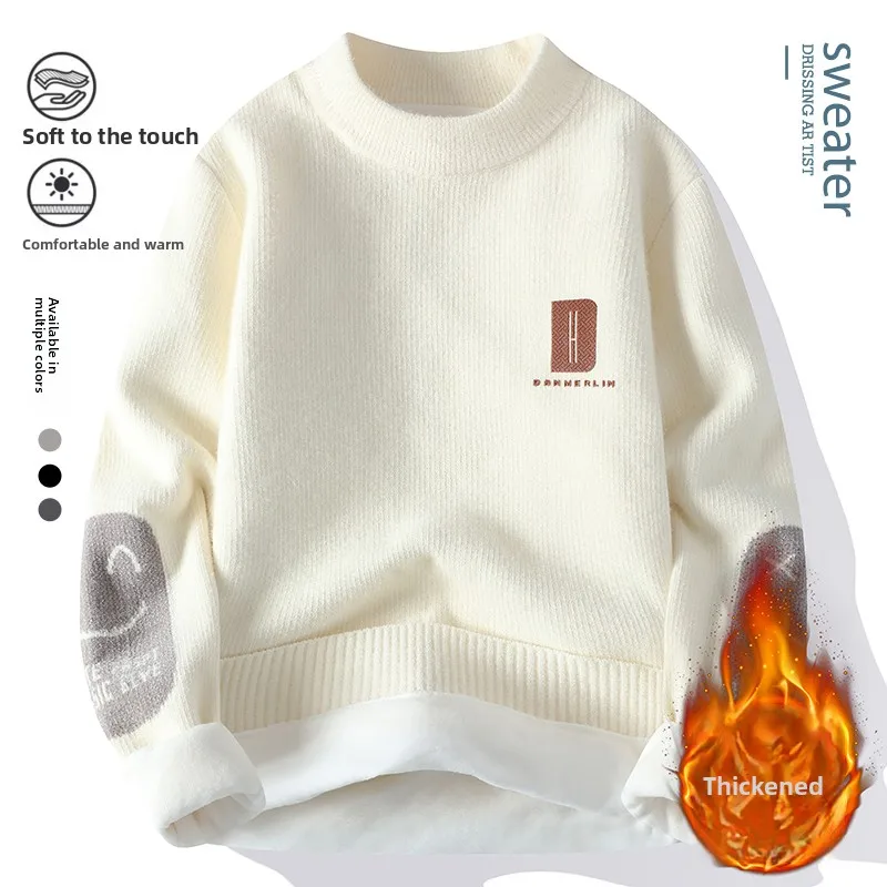 

Мужской вязаный свитер Thiened Fce с круглым вырезом, теплый, зимний, модный, с длинными рукавами, мягкий, удобный, из полиэфирного волокна