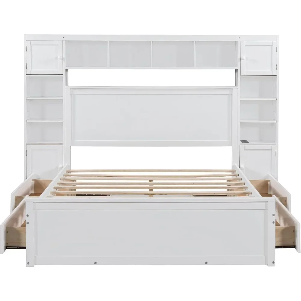 Cama Con cabecero de librería, cama de plataforma tamaño Queen con 4 cajones de almacenamiento, marco de cama de matrimonio de madera maciza con gabinete